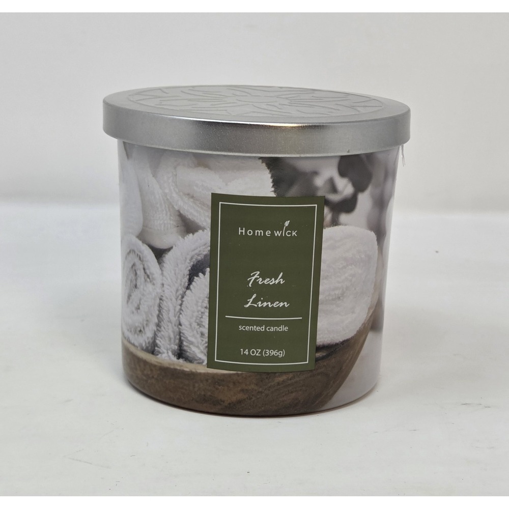 Homewick Fresh Linen Scented Candle 14 oz 3 Wick Glass Jar Silver Lid Unburned